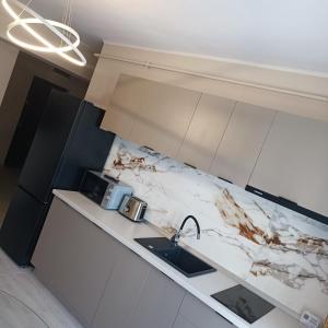 a kitchen with a sink and a counter top at Masarys 2 in Tulcea