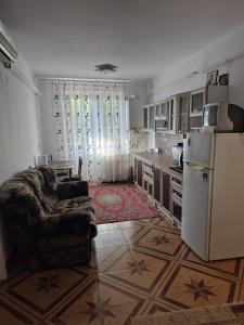 a kitchen with a couch and a refrigerator at Tulcea Central Apartment in Tulcea