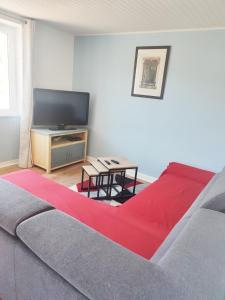 a living room with a couch and a flat screen tv at Gite du Goulet in Montusclat