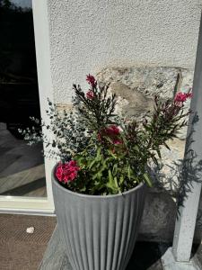 Un jarrón con flores al lado de una puerta en Blue Sky Apartment, en Bled