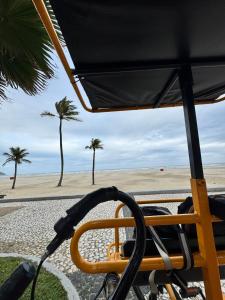 a view of a beach with palm trees and a chair at Apê dos Meninos no Forte in Praia Grande
