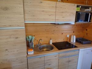 a kitchen counter with a sink and a microwave at Domki u Asi in Wilkasy +44 photos