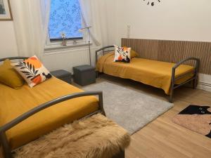 una habitación con dos camas y una ventana en Ferien Wohnung Katzenruh, en Lauenburgo/Elbe