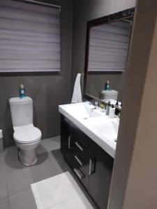 a bathroom with a toilet and a sink and a mirror at The Close in Gqeberha
