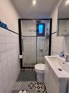 a bathroom with a shower and a toilet and a sink at Anastasias Cottage in Nea Irakleia +42 photos
