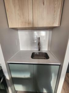 a kitchen counter with a sink and wooden cabinets at Departamento Puerto Montt in Puerto Montt +6 photos