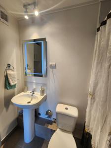 a bathroom with a sink and a toilet and a mirror at Departamento Puerto Montt in Puerto Montt