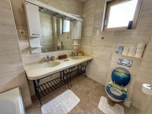 a bathroom with a sink and a mirror and a toilet at Jelena apart Budva in Becici +2 photos