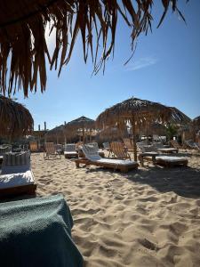 a group of chairs and umbrellas on a beach at 2 Zimmerwohnung in Shkorpilovtsi