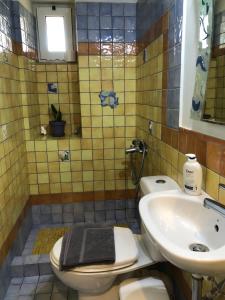 a bathroom with a toilet and a sink at Πέτρινη φωλιά in Livadi +10 photos