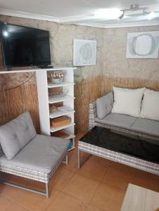a living room with two couches and a tv at La Casita in Cangas de Morrazo