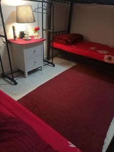 - une chambre avec 2 lits superposés et un tapis rouge dans l'établissement ABD Cottages, à Abu Dhabi