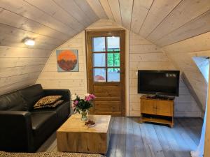 a living room with a couch and a tv at Marychost- dom do wynajęcia in Kazimierz Dolny