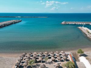 an aerial view of a beach with umbrellas and the ocean at Erato by Samian Mare in Karlovasi