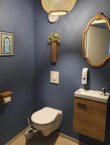 Un baño con inodoro, lavabo y espejo. en Gîte Au Val de Belvâ, en Malmedy 36 fotos más