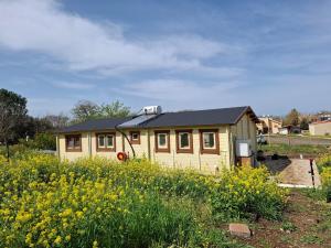 a small yellow house in a field of flowers at The Heart Cabin בקתת הלב in Kidmat Tsvi