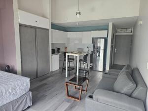 a room with a bed and a living room with a kitchen at Chic Loft in Barrio Escalante in Tapantí