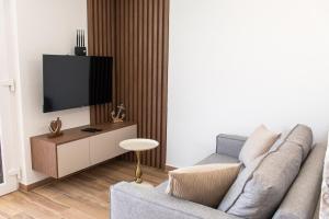 a living room with a couch and a tv at Apartments Kostic- Sea view in Tivat