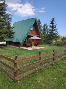 a wooden cabin with a green roof behind a fence at Holiday chalet Asterix in Žabljak