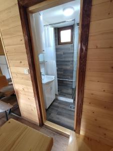 a bathroom with a shower and a glass door at Holiday chalet Asterix in Žabljak +15 photos