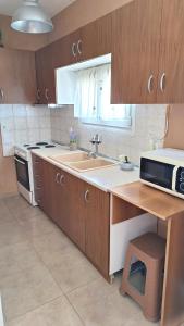 een keuken met een spoelbak en een magnetron bij Lemon tree House in Skala Marion