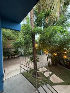 a palm tree with a bench in a courtyard at Suíte com Copa e Sala de Reunião in Santarém