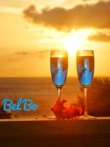 deux verres à vin posés sur un rebord avec l'océan dans l'établissement Haut de villa BEL BO & Bas de villa Tibo accès mer, à Deshaies