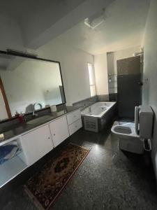 a bathroom with a sink and a toilet and a mirror at Aconchego Apartamento no centro in Caçador +16 photos