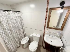 a bathroom with a toilet and a sink and a mirror at Studio Conexión Mendoza moderno céntrico Wifi alta velocidad y a pasos del Parque Gral San Martín y Aristides Villanueva in Godoy Cruz +53 photos