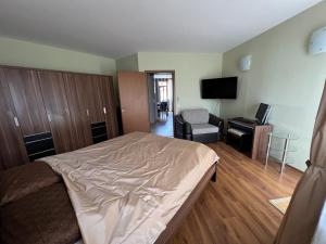 a bedroom with a bed and a desk and a television at Saint Thomas Holiday Village Condo in Sozopol