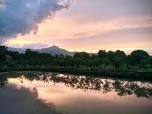 a sunset over a pond with a mountain in the background at Baksaei Retreat Ricefield Villas in Kampot