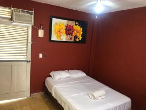 ein Schlafzimmer mit einem Bett in einer roten Wand in der Unterkunft Hotel Las Flores in Acapulco