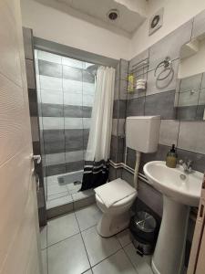 a bathroom with a toilet and a sink and a shower at Dody Apartmani in Leskovac
