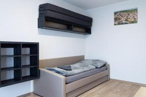 a room with a bed and a book shelf at San Marco - Na Brněnské ulici in Mutěnice