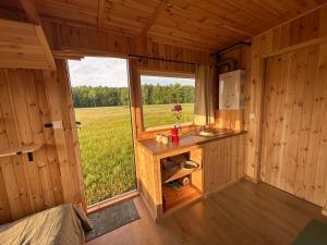 a kitchen in a cabin with a large window at Domek na łące in Daniec