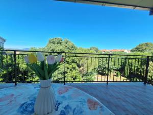a vase with flowers on a table on a balcony at Apartment Marina in Malinska