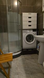 a shower and a washing machine in a bathroom at MONACO 3mn du casino in Beausoleil +7 photos