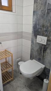 a bathroom with a toilet with two olympics on the wall at Kellerstöckl im Uhudlerland 2 in Moschendorf +3 photos