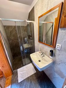 un bagno con lavandino e doccia di Penzion-Ranc u Trapera a Hrabušice Altre 37 foto