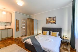 een slaapkamer met een groot bed en een keuken bij Studio Modern 10 in Braşov +24 foto's