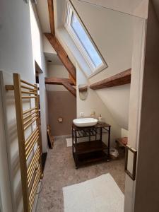 a attic bathroom with a sink and a skylight at Slapen in de Paardenstraat in Zierikzee +18 photos