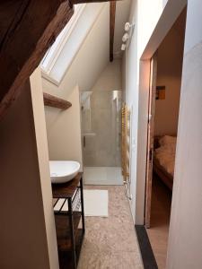 a bathroom with a sink and a shower at Slapen in de Paardenstraat in Zierikzee