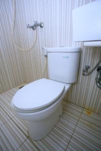 a white toilet in a bathroom with a shower at Nusantara Bunga By Reccoma in Tengahgirang