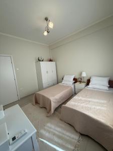 ein Schlafzimmer mit zwei Betten und einem Schreibtisch in der Unterkunft A nest for two in Athens in Mesochórion
