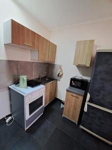 a small kitchen with a stove and a refrigerator at Квартира річка Стир in Luts'k