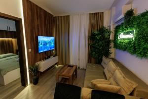a living room with a couch and a tv at Harmonia Lux Aqua park in Jagodina