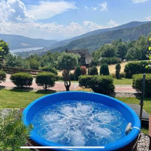 a large blue tub filled with water in a yard at Noclegi u Renaty Międzybrodzie Bialskie in Międzybrodzie Kobiernickie