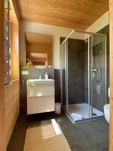 ベルク・アム・シュタルンバーガー・ゼーにあるNaturWohnRaum - Urlaub im Holzhausのシャワーと洗面台付きのバスルーム