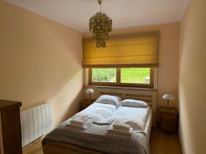 a bedroom with a bed and a window with a chandelier at Cyrhla przy szlaku in Zakopane