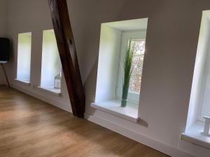 a room with two windows with a vase on a window sill at Ferienwohnung Rehkitz in Drochtersen